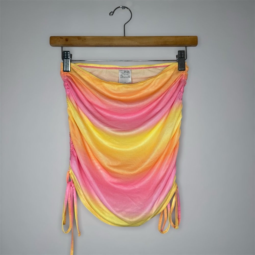 Wild Fable Women's Mesh Drawstring Ruched skirt Cover Up Small, Yellow Pink